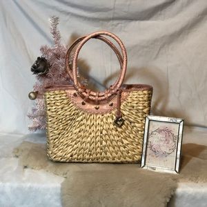 WOVEN COACH PURSE WITH PINK ALLIGATOR HANDLE